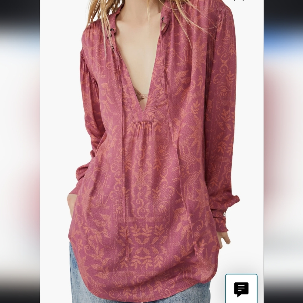 Free People Mia Floral Print Tie Neck Tunic Top in Rouge Combo